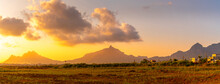 View Of Long Mountains At Sunset Near Beau Bois, Mauritius