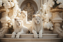 Three Albino Lions Are Laying On A Marble Stairs Decorated With White Flowers. White Lions Are Guarding The Entrance To The Royal Palace During A Sunny Day