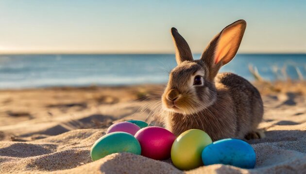 a charming easter bunny watching over an array of speckled and colorful eggs on a beach at sunset