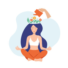 mental health concept. the girl sits in the lotus position with flowers on her head and a watering c