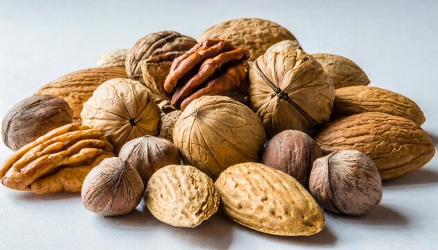 a collection of nuts like almonds walnuts and pecans isolated on a transparent background