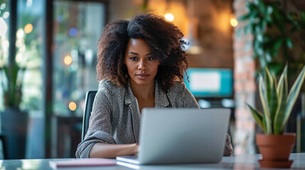 Shot of beautiful afro business woman working with laptop sitting in the office.