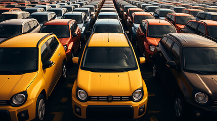 Wall Mural - Aerial view new car lined up in the port for import and export business logistic to dealership for sale