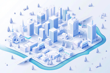 Wall Mural - Isometric city map with business living and industrial districts urban and suburban areas paper white buildings and river. Real estate plan. 