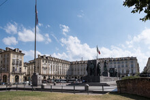 View Of The Monument To Emanuele Filiberto Duke Of D'Aosta Located In Piazza Castello, A Prominent City Square Housing Several Landmarks, Museums, Theaters And Cafes, Turin, Piedmont