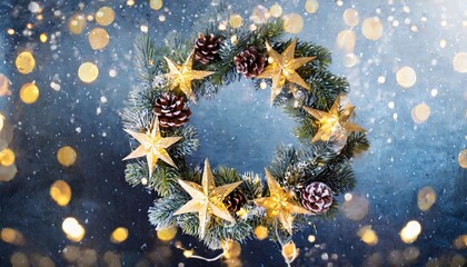 Wall Mural - christmas winter and new year 2023 background banner header panorama star wreath with beautiful bokeh lights