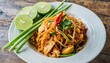 a delicious and colorful plate of pad thai a popular thai noodle dish captured from above this pad thai stock photo would be perfect for any food related project such as a restaurant menu