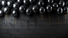 Beautiful Black Balloons Randomly Flying Frame. Party Elegant Vector Background With Space For Text.
