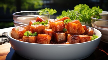 Sticker - Red braided pork belly cubes in a stone ware UHD wallpaper