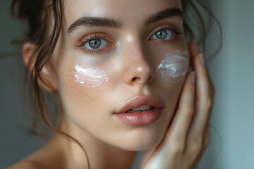 Women skin care, portrait of a beautiful Caucasian brunette woman using moisturizer on her face in bathroom, close-up