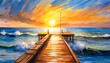 sunset painting with the ocean on the coast painting on a dock in front of the sun illustration