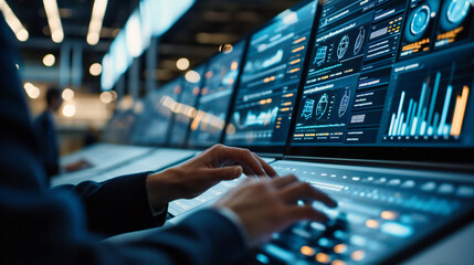 Digital Workspace Concept: A businessman working on a digital system, representing technology, data, and online business management