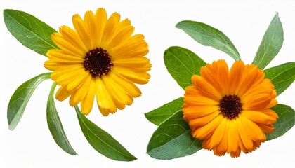 calendula officinalis flower isolated on white or transparent background marigold medicinal plant healing herb set of two falling calendula flowers with green leaves