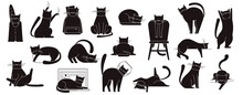 Black Cat Poses. Cute Kitty Sitting And Walking, Funny Fluffy Domestic Cats In Different Poses And Positions. Vector Cartoon Cats Isolated Set