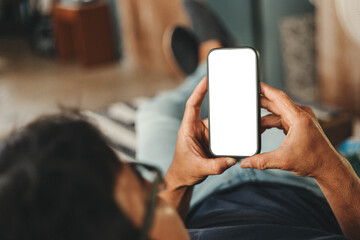 Wall Mural - cell phone blank white screen mockup.hand holding texting using mobile on desk at office.background empty space for advertise.work people contact marketing business,technology