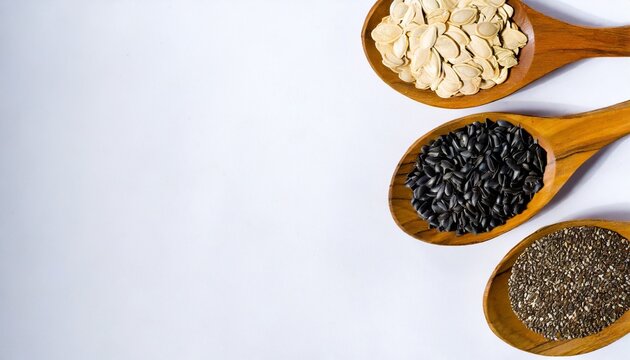 healthy seeds sesame flax seed sunflower seeds pumpkin seed chia and black seed in wooden spoons on a white background top view