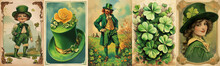Set Of Vintage Antique Style St Patrick's Day Holiday Greeting Cards, People With Green Hats, Clover And Shamrocks In Ireland