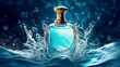 Perfume bottle surrounded by splashing waves on blue sea water bokeh background. Elite perfumery concept.Banner for design with copy space. Generative AI.