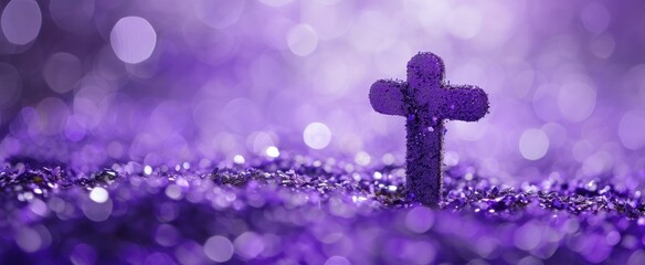 Wall Mural - An artistic Ash Wednesday banner featuring a cross adorned with purple ash glitter, symbolizing penitence and the start of Lent.