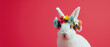 a easter rabbit with flower crown, on empty background,  with empty copy space, happy easter