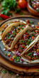 Mehrere Tacos auf einem Holzteller mit Toppings
