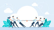 Two teams play pulling rope game. Business competition. People pull rope in tug of war competition. Men and women. Concept business teamwork, cooperation, solution conflicts. Vector flat illustration