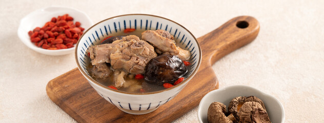 Wall Mural - Delicious shiitake mushroom chicken soup, traditional Taiwanese soup.