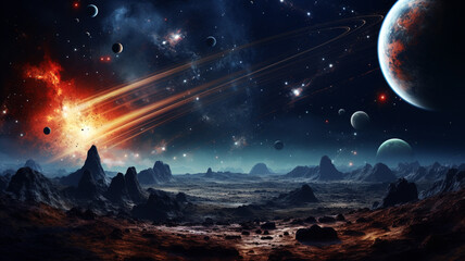Wall Mural - illustration of a planet landscape with planets in space. created with generative ai