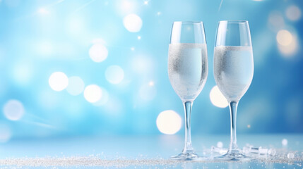 Two champagne glasses filled with bubbles on glittering blue bokeh background.