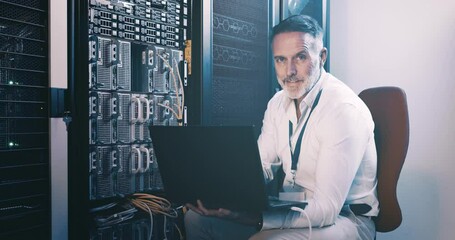 Leinwandbilder - Face of mature man in server room with laptop, network maintenance and engineer in digital storage for database update. Tech, system administration and technician online in data center with computer.