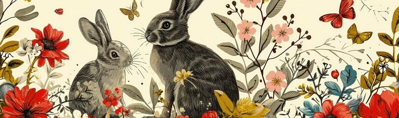 Wall Mural - Easter bunnies and flowers vintage illustration