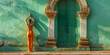 Frau, orangefarbenen Overall, Yoga, grüner Tür