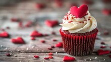 Cupcake Red Velvet With White Whipped Cream And A Heart Shaped Decoration On On Wooden Tabletop, Closeup, Valentines Day Concept