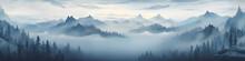 Banner With Watercolor Landscape With Mountains And Trees. Banner With Mountains And Fog. Blue Colors.