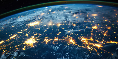 Wall Mural - big city lights view from space. planet earth globe with night realistic world map. communication co