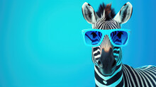 Cool Zebra Wearing Sunglasses On A Vibrant Blue Background. Stylish And Funky Wildlife Image Perfect For Modern Decor