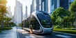 An Ecofriendly Bus Glides Through Futuristic City Streets, Promoting Sustainable Urban Transport. Сoncept Sustainable Transport, Eco-Friendly Bus, Futuristic City, Urban Mobility, Green Transportation