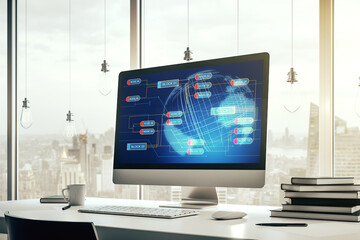 Wall Mural - modern computer display with abstract programming language hologram and world map, artificial intell
