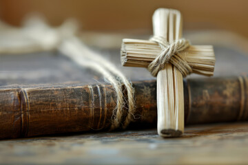 Wall Mural - A religious cross made from dried palm leaves on a bible. Easter Palm Sunday concept