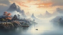 Traditional Chinese Landscape Painting, Featuring Majestic Mountains Shrouded In Mist And A Serene Lake Reflecting The Soft Glow Of A Large Setting Sun