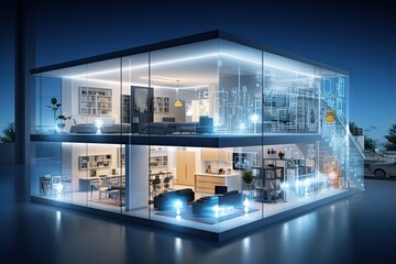 Poster - smart home setup. A modern living space equipped with smart home devices like smart lights, tv and voice - controlled assistants. Smart home interior with augmented reality. AI generative.