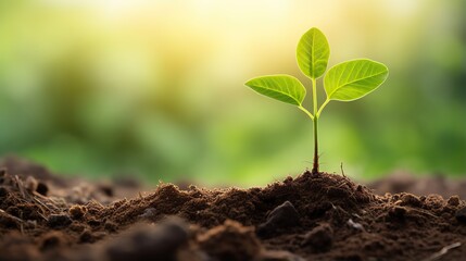 Canvas Print - Young plants growing from the ground, Planting young plant seeds in the morning with nature background