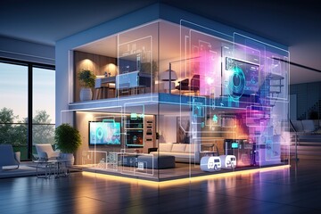 Poster - smart home setup. A modern living space equipped with smart home devices like smart lights, tv and voice - controlled assistants. Smart home interior with augmented reality. AI generative.