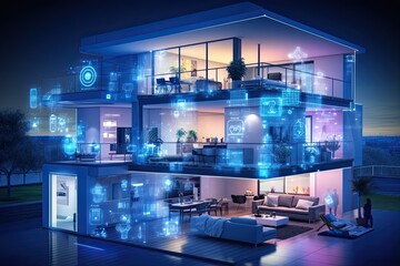 Poster - smart home setup. A modern living space equipped with smart home devices like smart lights, tv and voice - controlled assistants. Smart home interior with augmented reality. AI generative.