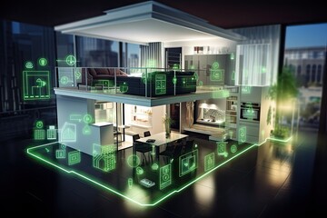 Poster - smart home setup. A modern living space equipped with smart home devices like smart lights, tv and voice - controlled assistants. Smart home interior with augmented reality. AI generative.
