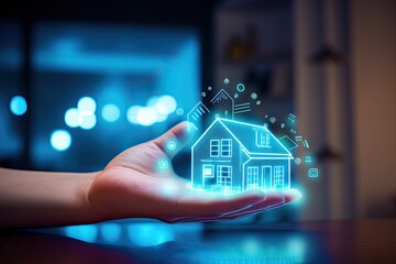 Poster - smart home setup. A modern living space equipped with smart home devices like smart lights, tv and voice - controlled assistants. Smart home interior with augmented reality. AI generative.