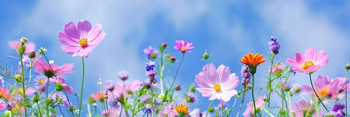 banner with flowers on blue sky background
