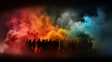 Group People On A Background Of Colored Smoke