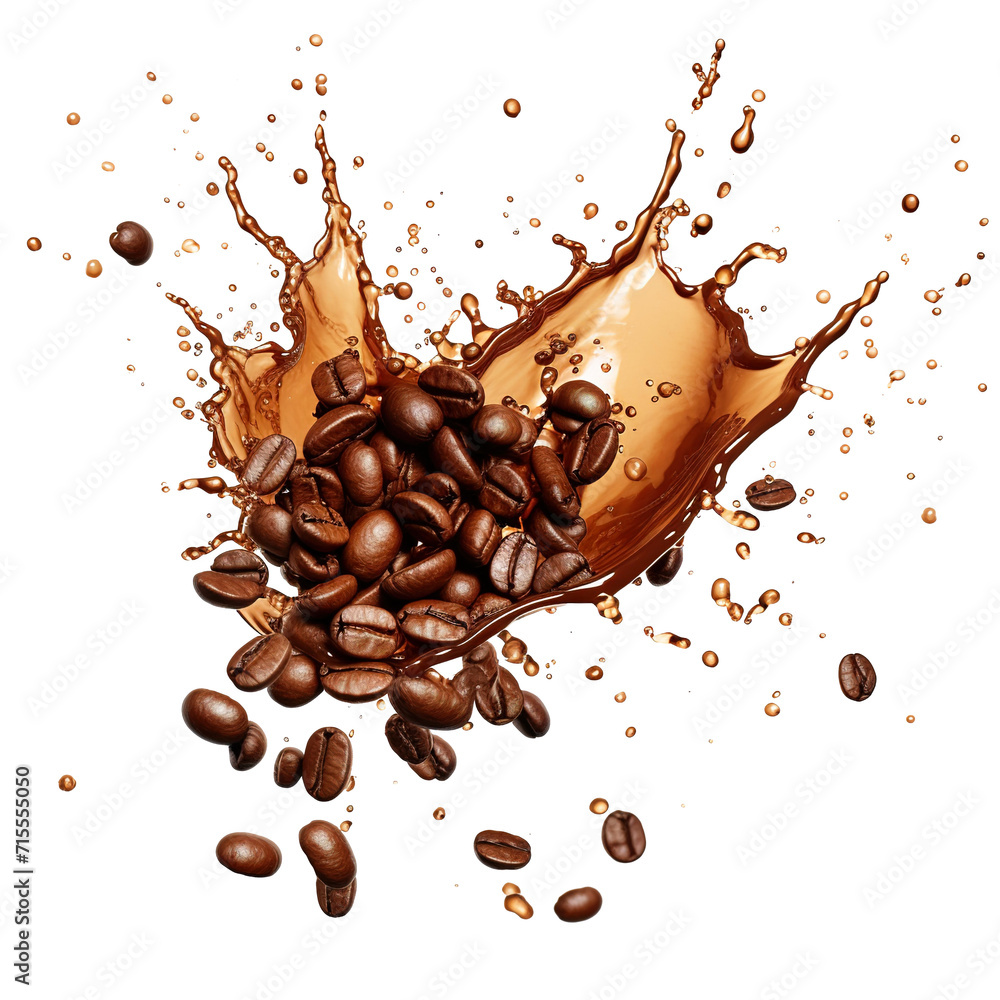 coffee beans splash with coffee isolated on transparent background ...