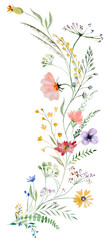 Arrangement made of watercolor wildflowers and leaves, wedding and greeting illustration